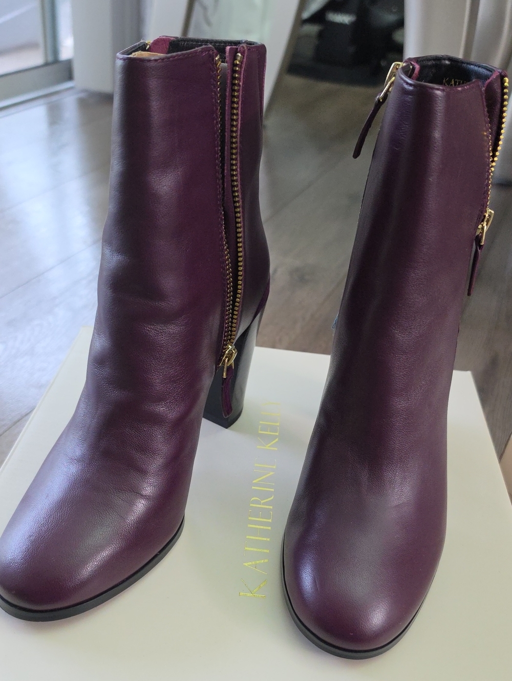 Katherine Kelin Plum Leather Zip-Front Block Heel Ankle Boots